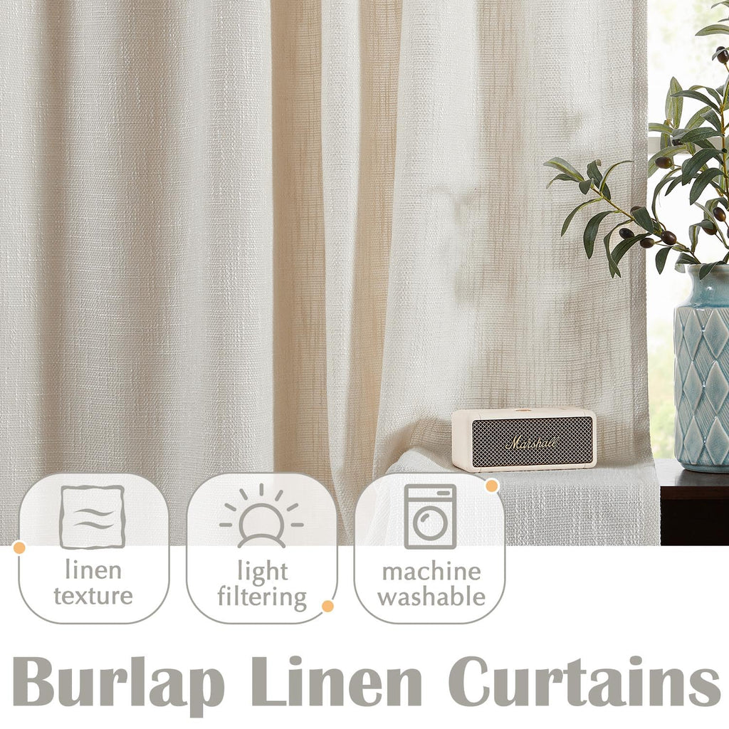 Jinchan Burlap Look Curtains 63 Inches Long Linen Textured Curtains For Living Room Light Filtering Farmhouse Curtains Rod Pocke
