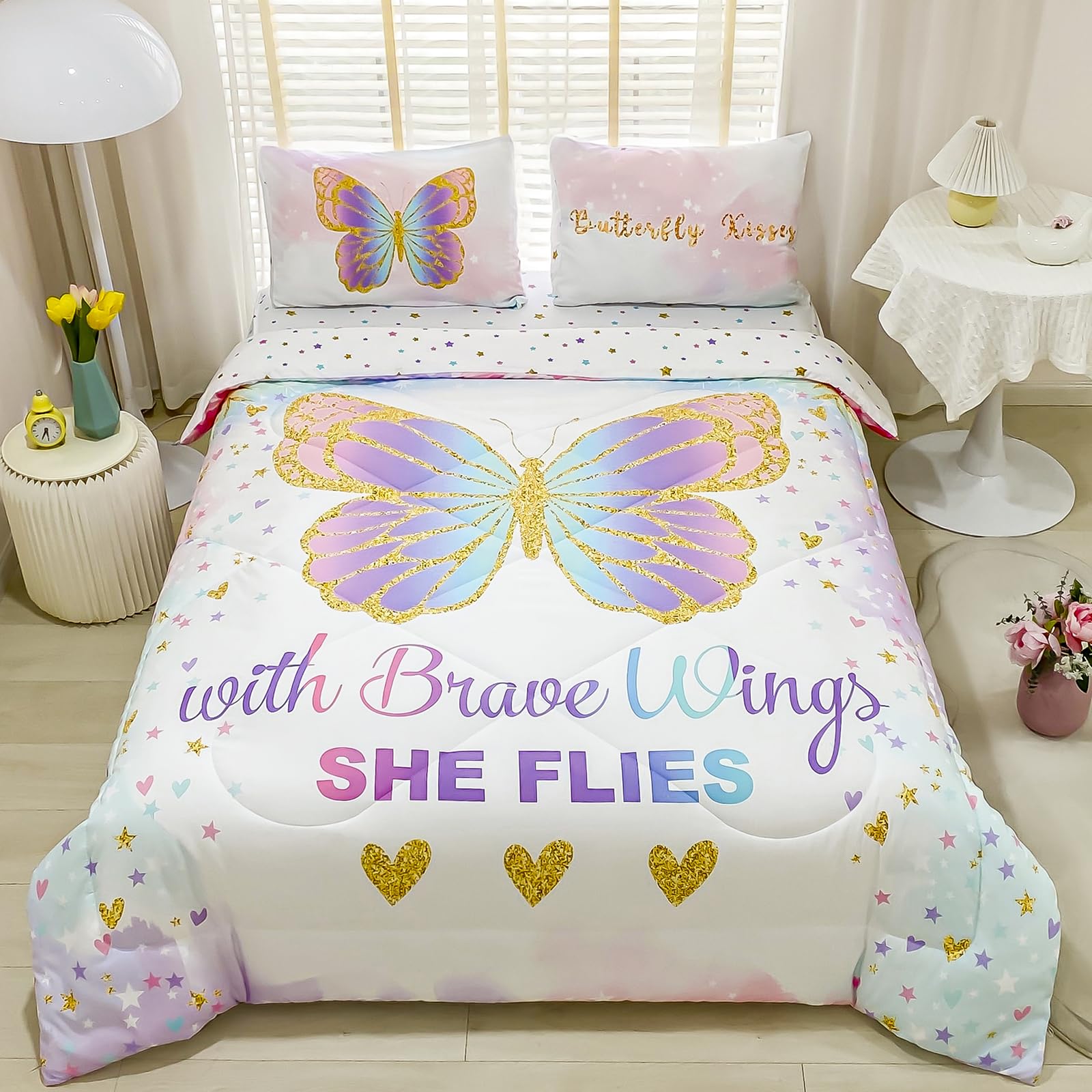 Cokouchyi Twin Size Comforter Set For Girls, 5-Piece Bed In A Bag, 3D Colorful Butterfly Bedding Comforter Sheet Set, Ultra Soft