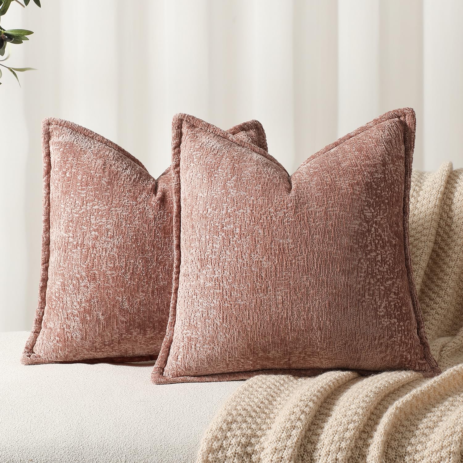 Dezene Pack Of 2 Dusty Pink Decorative Throw Pillow Covers 16X16 Cozy Soft Chenille Accent Vintage Square Couch Pillow Covers Fo