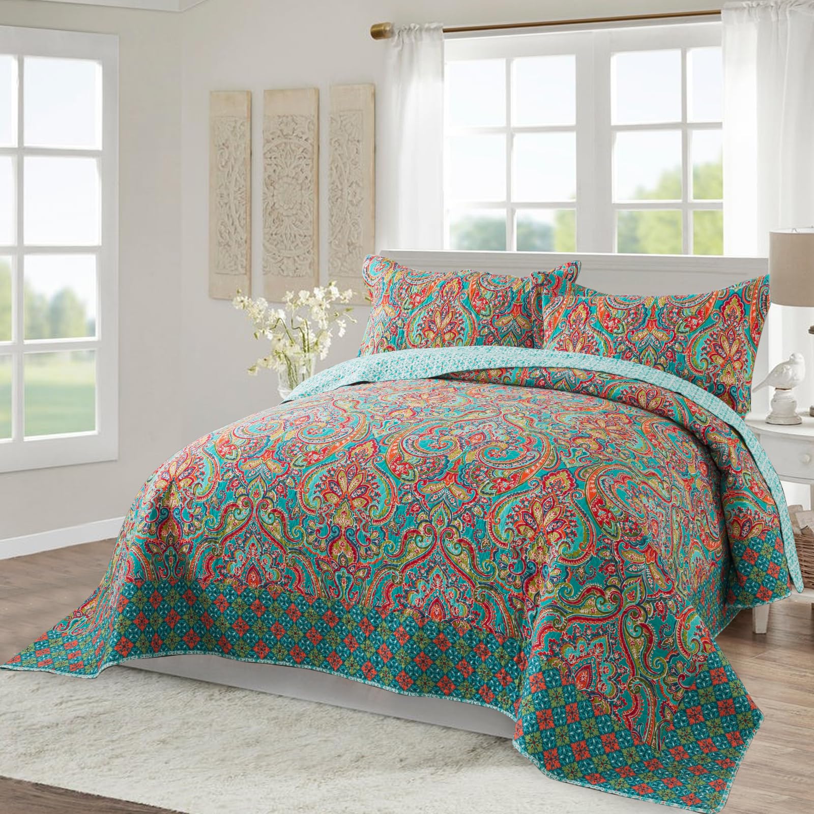 Newlake Cotton Bedspread Quilt Sets-Reversible Patchwork Coverlet Set, European Gorgeous Floral Pattern, California King Size