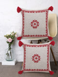 Mezposh Rustic Natural And Red Cotton Chambray Embroidered Cushion Cover With Tasssels (16X16 Inch)