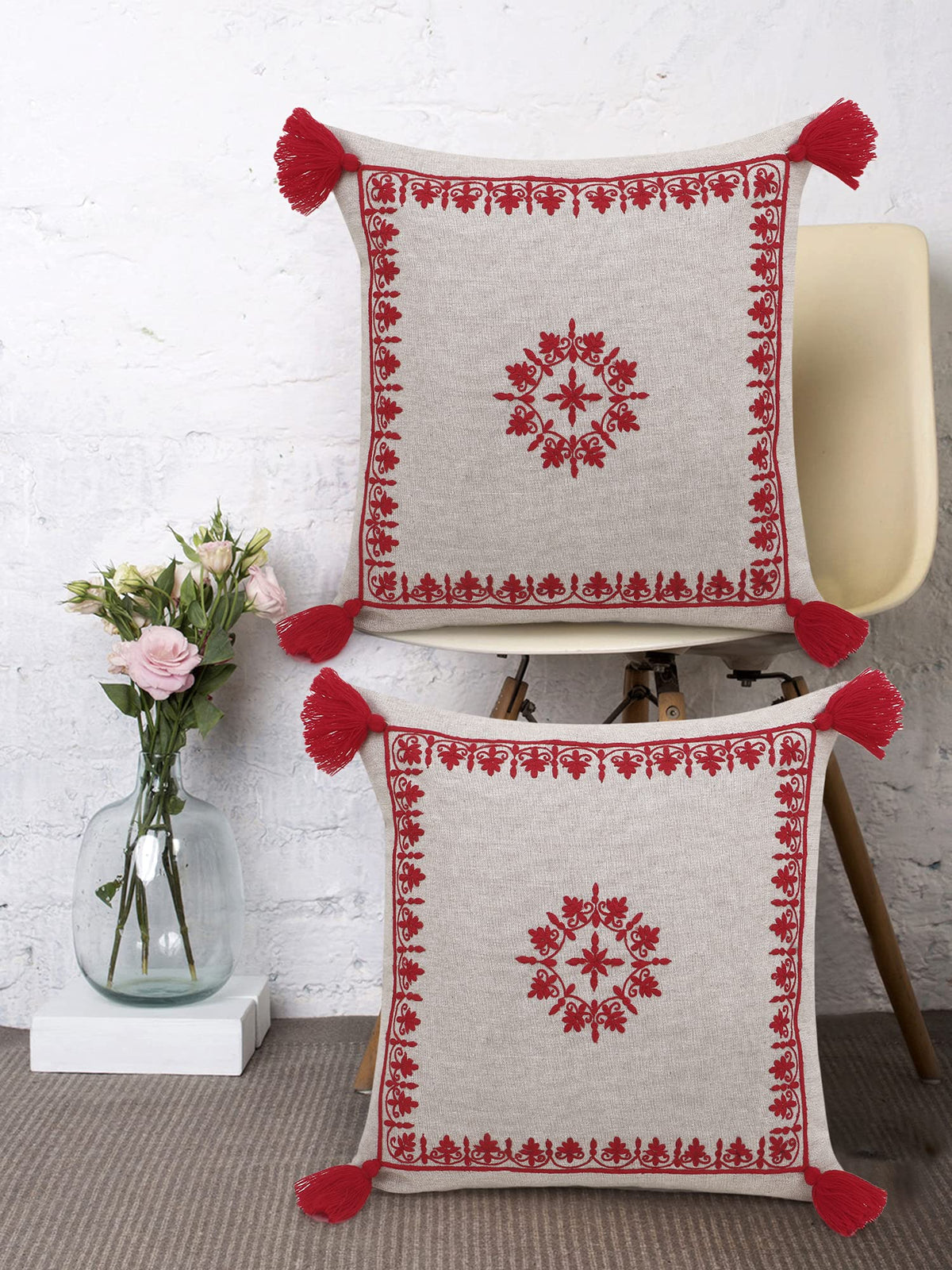 Mezposh Rustic Natural And Red Cotton Chambray Embroidered Cushion Cover With Tasssels (16X16 Inch)