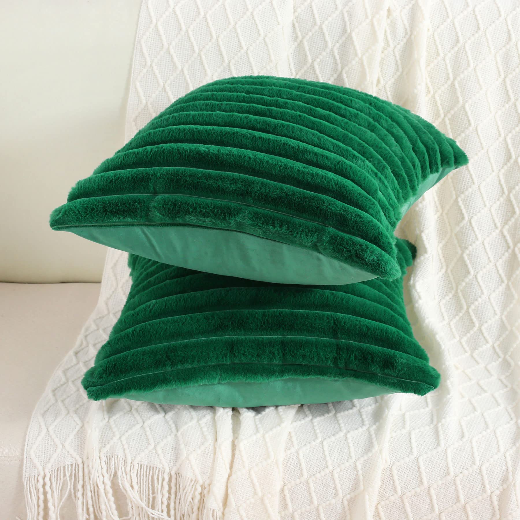 Futei Emerald Green Striped Decorative Throw Pillow Covers 16X16 Inch Set Of 2,Square Winter Decorations Couch Pillow Case,Soft