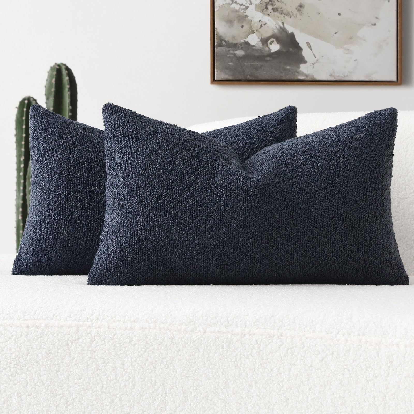 Futei Pack Of 2 Navy Blue Boucle Accent Decorative Throw Pillow Covers,12X20 Inch Soft Solid Textured Lumbar Pillow Cases,Home D