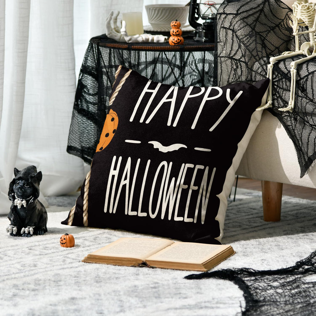 Avoin Colorlife Happy Halloween Boo Black Cat Trick Or Treat Throw Pillow Covers, 18 X 18 Inch Spooky Pumpkin Bat Cushion Case F