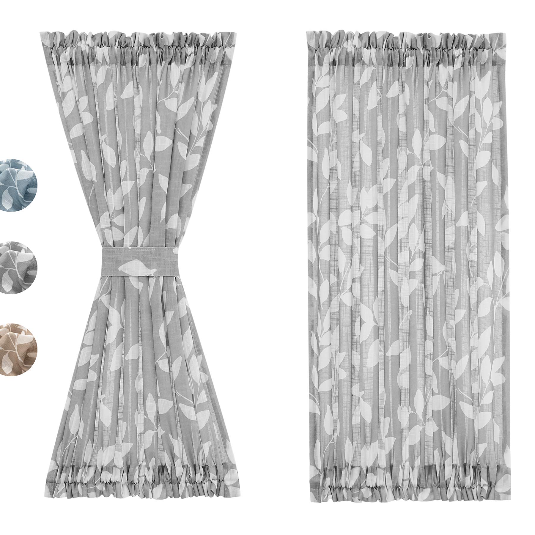 Treatmentex Grey White French Door Curtains 40 Leaf Print Semi-Sheer Half Door Curtain Panels for Back Front Glass Door Window 5
