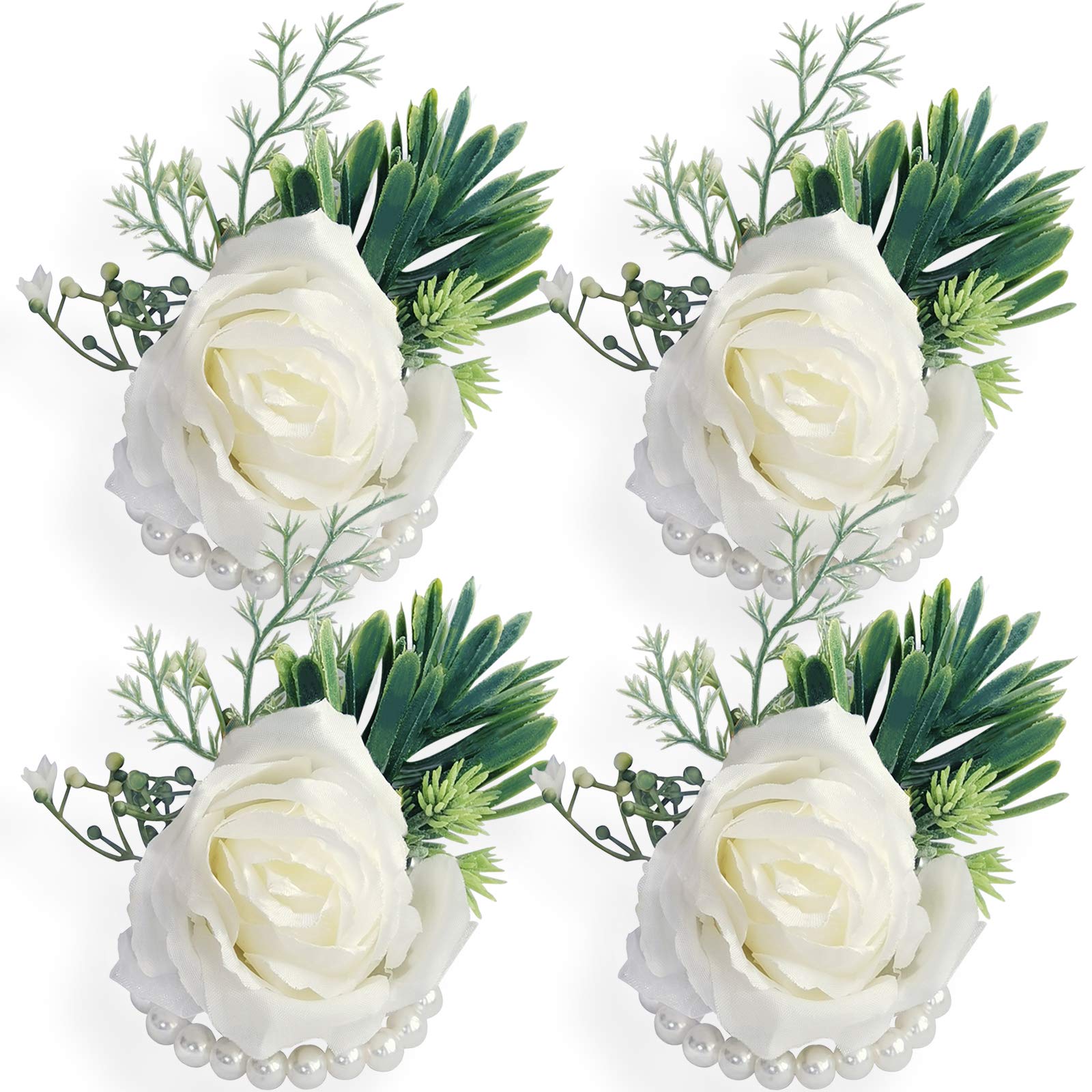 WEIERYUE Artificial Flowers White Rose Wrist Flowers and Mens Corsage Wedding Flowers Ceremony (4pcs White Wrist Corsages)