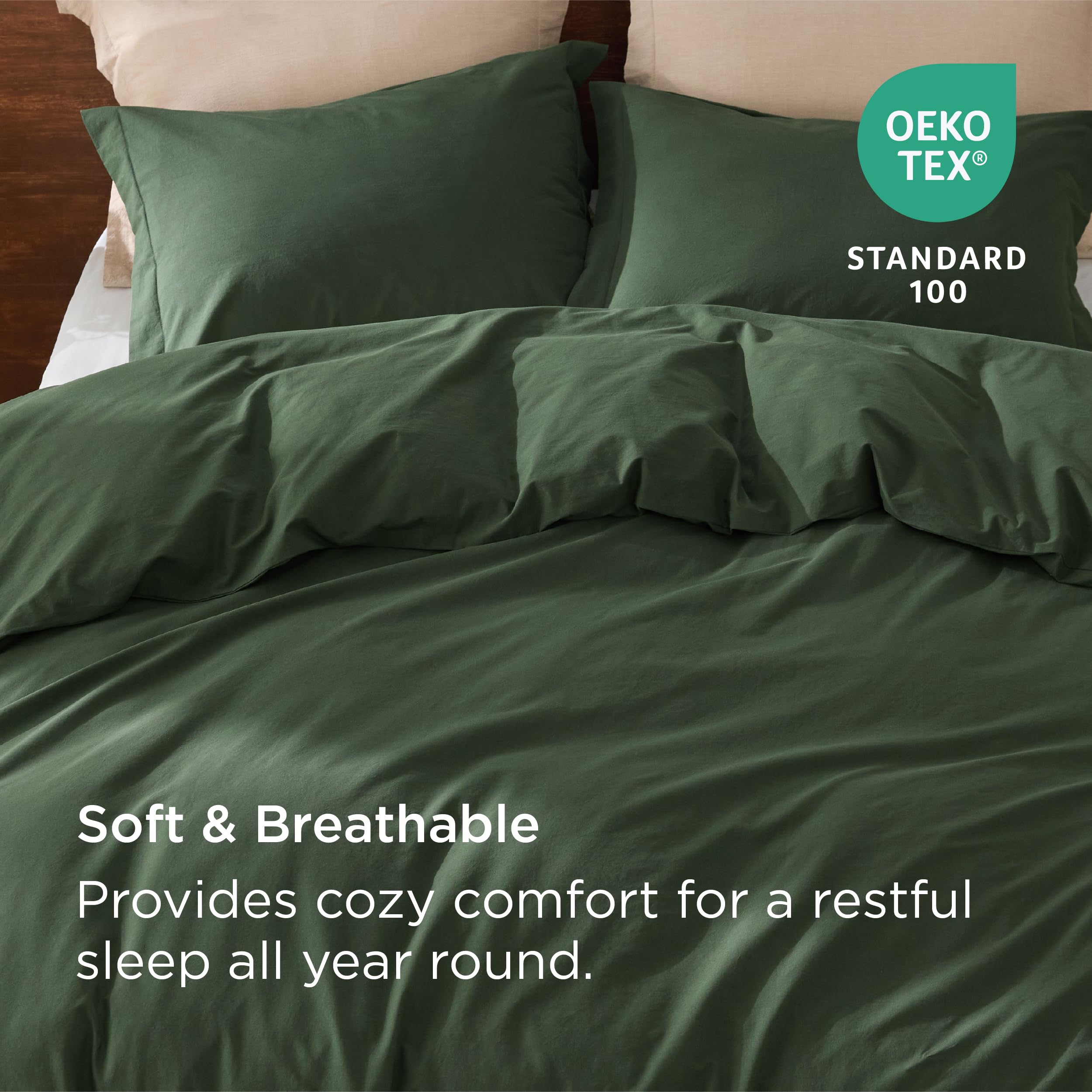 Bedsure 100% Washed Cotton Duvet Cover Queen - Olive Green Minimalist Cotton Duvet Cover Linen Like - 3 Pieces Gentlesoft™ Plain Simple Bedding Set With 2 Pillow Shams (Olive Green, Queen, 90'X90')