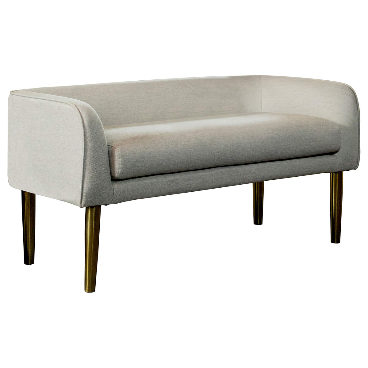 Coaster Furniture Modern Art Deco Upholstered Entryway Accent Bench Settee Light Gray Fabric Tapered Gold Legs 905687