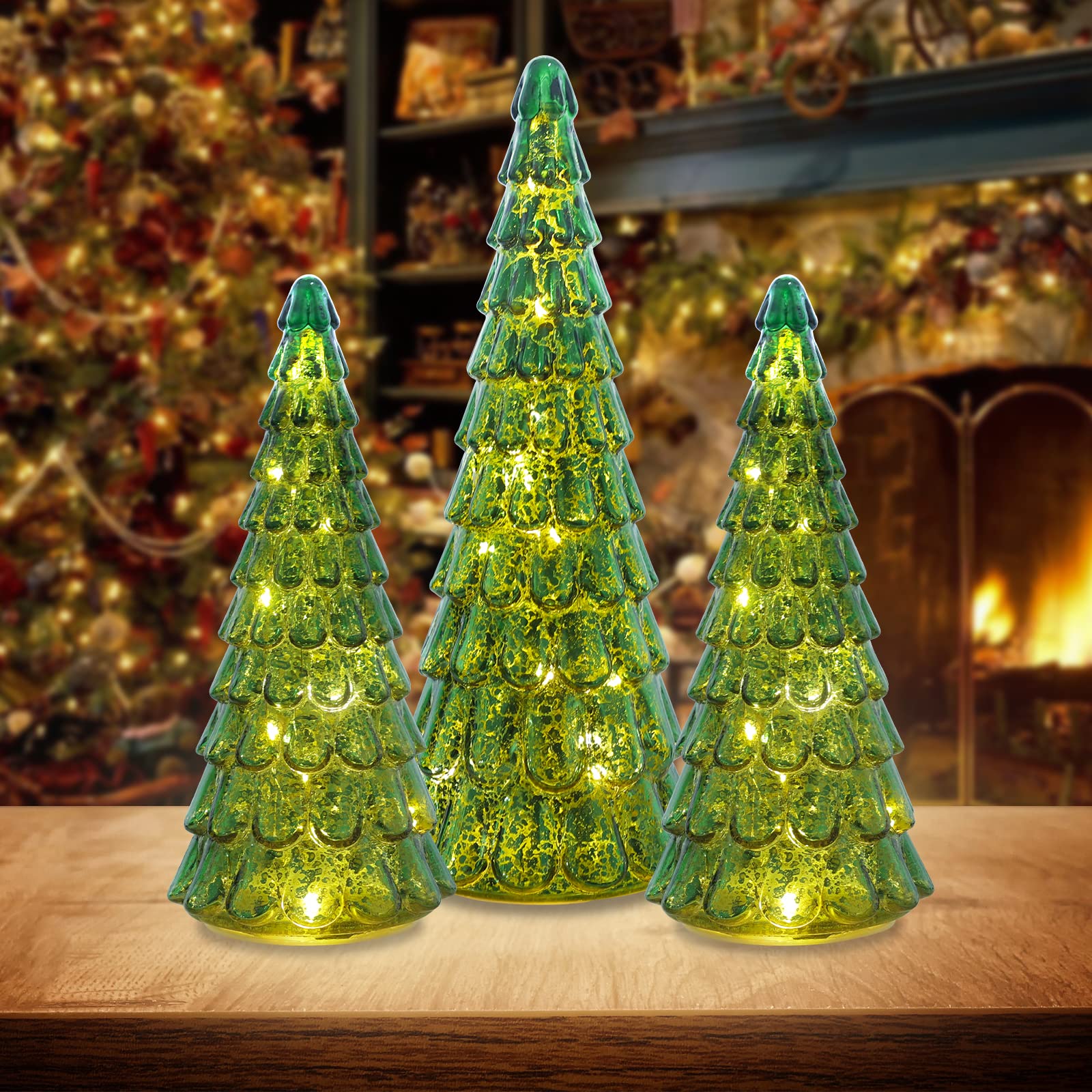 PHITRIC Christmas Decorations Indoor, 3 pcs Sparkling Glass Christmas Tree with LED Lights and Timer, Tabletop Christmas Tree De