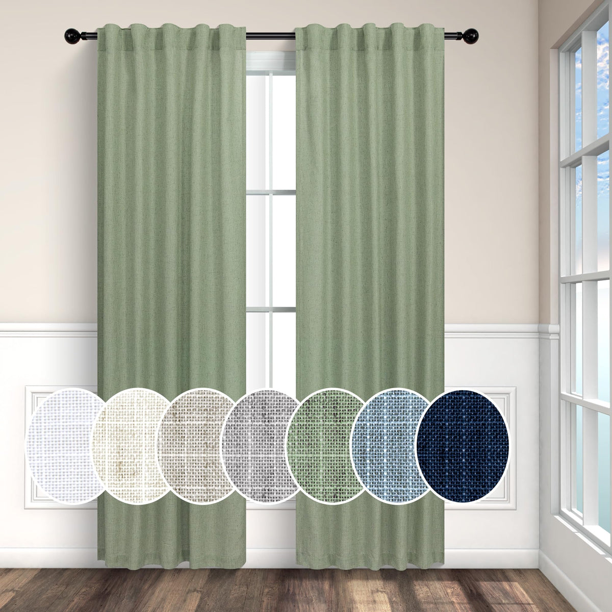 Sage Green Curtains 72 Inch Length For Bedroom 2 Panel Set Rod Pocket Back Tab Drapes Semi Sheer Light Reducing Linen Blend Wove