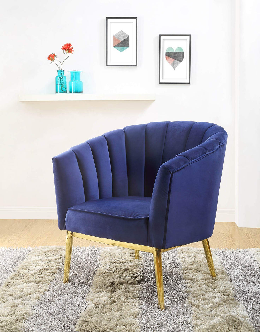 HomeRoots Upholstered Accent Chair with Curved Arm and Velvet Cushion, Blue - 32"x 31"x 34"