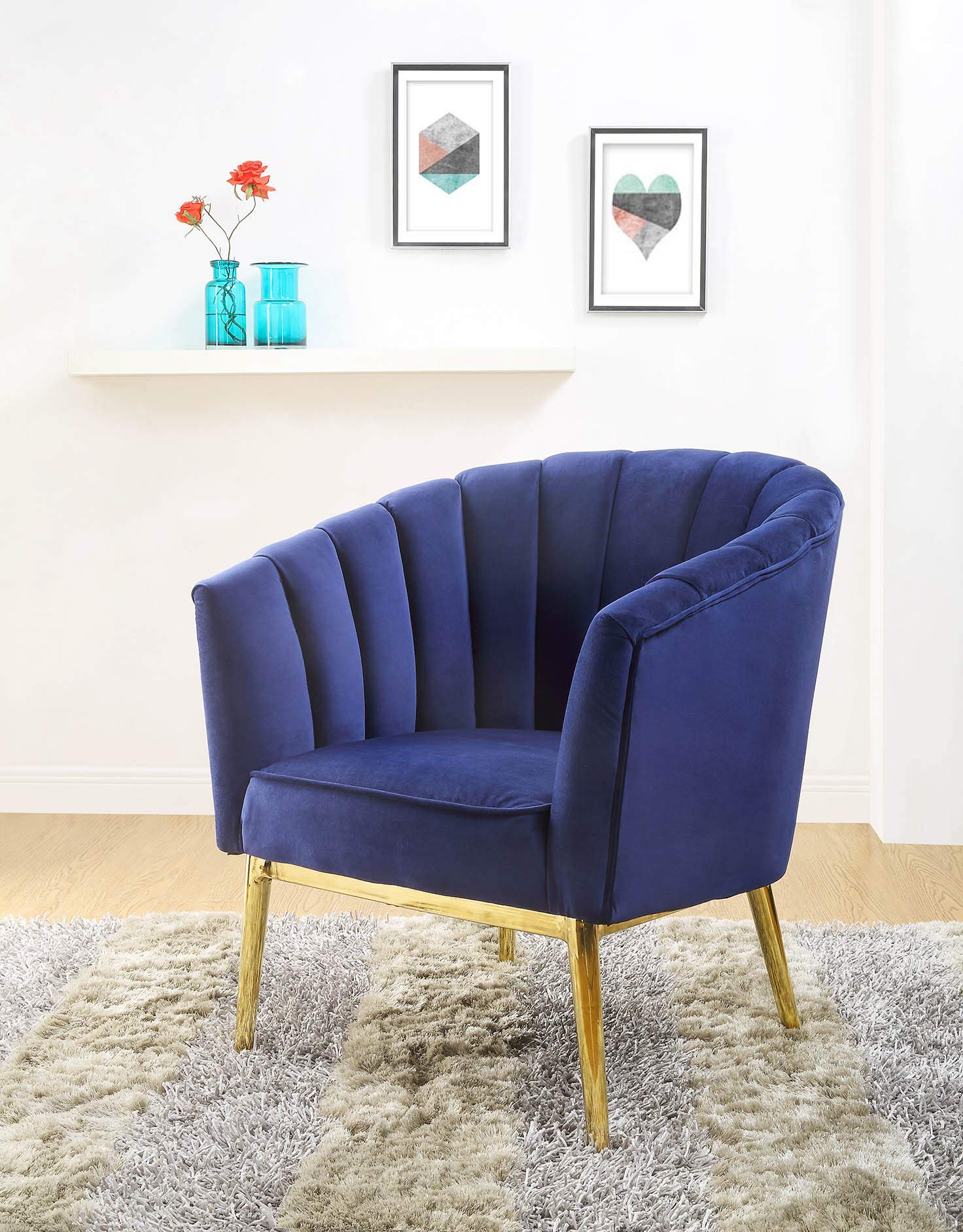 HomeRoots Upholstered Accent Chair with Curved Arm and Velvet Cushion, Blue - 32"x 31"x 34"