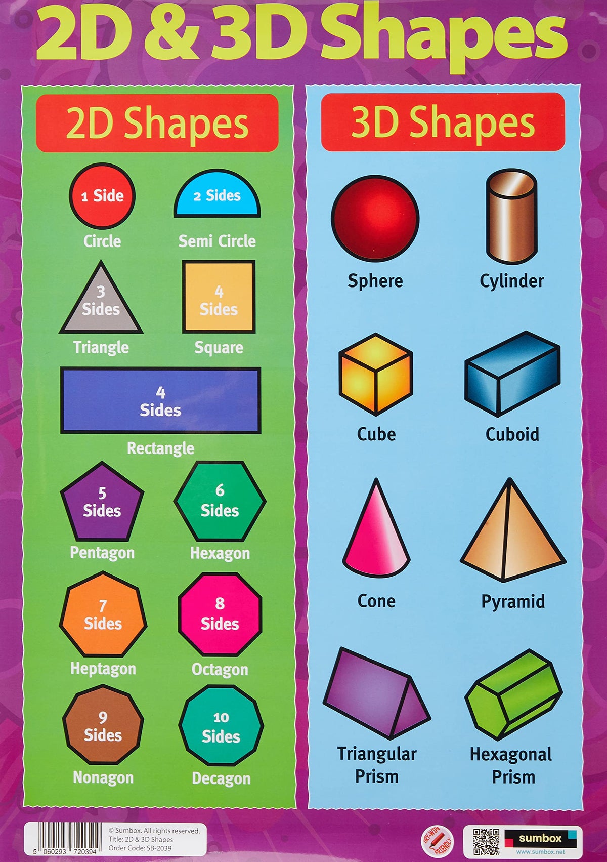 Express Shapes Sumbox Educational 2D And 3D Shapes Maths Poster, Purple 2039, Kids ...