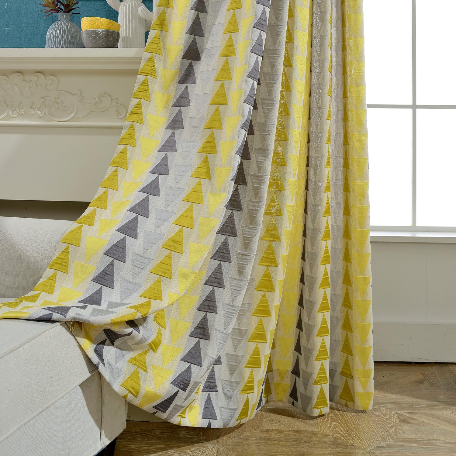 Vogol Modern Style Curtains 84 Inches Length, Yellow Triangle Jacquard Privacy Protection Decorative Window Treatments, 2 Panels