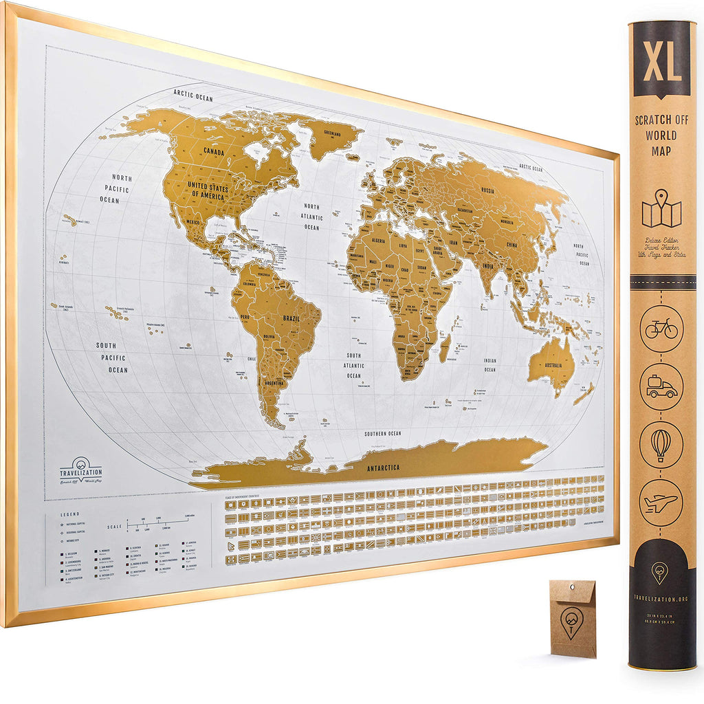 Xl Scratch Off Map Of The World With Flags - 36 X 24 Easy To Frame Scratch Off World Map Wall Art Poster With Us States & Flags