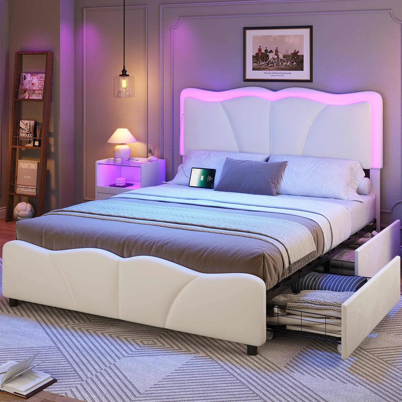 MSmask Full Size Bed Frame with 4 Storage Drawers and LED Lights, Velvet Upholstered Platform Bed Frame with Height Adjustable H