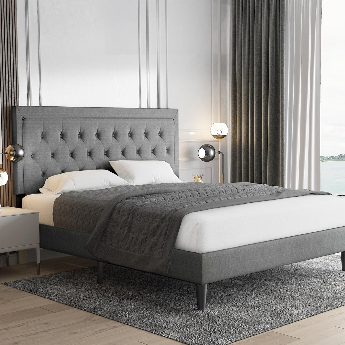 Allewie Queen Size Bed Frame Upholstered Platform Bed With Adjustable Headboard, Button Tufted, Wood Slat Support, Easy Assembly, Light Grey