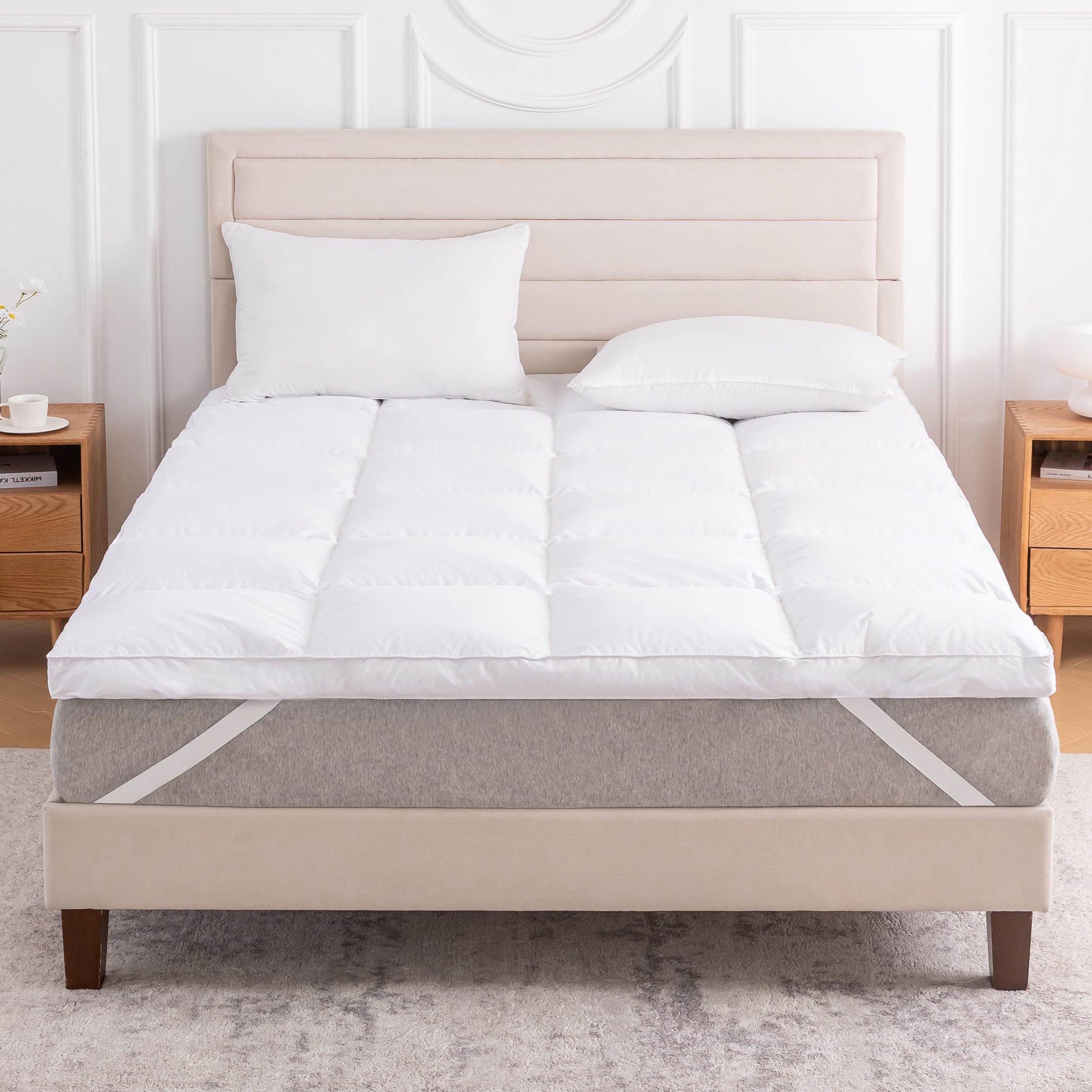 Lewinbedding 3 Inch White Goose Feather Mattress Topper,King Feather Bed Topper,Mattress Cover With Straps,Ultra Soft Pillowtop,