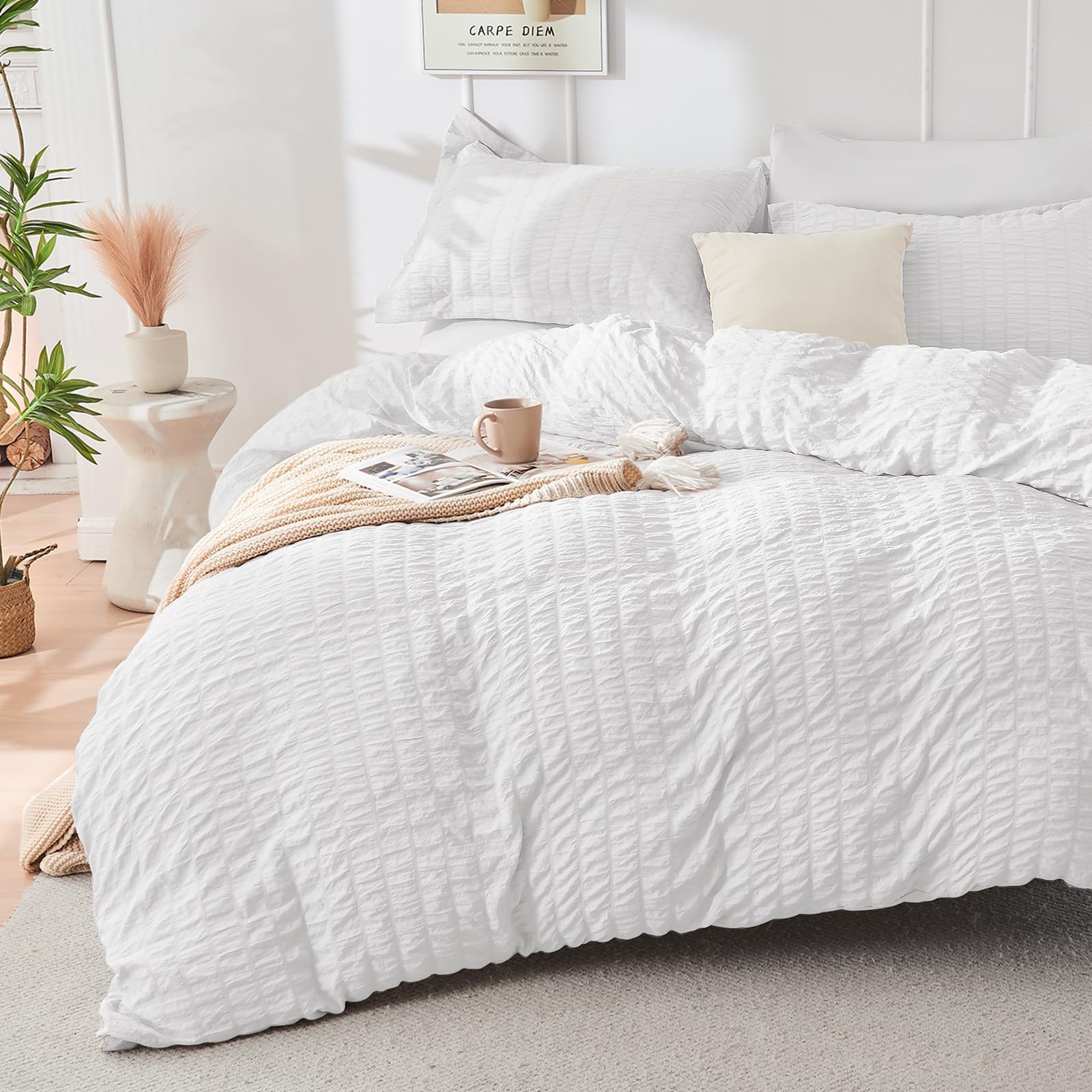 Hymokege White Full Size Comforter Sets Seersucker 7 Pieces, All Season Luxury Bed In A Bag For Bedroom, Bedding Set With Comfor