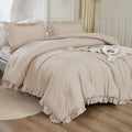 Litanika Full Comforter Set Beige, 3 Pieces Khaki Ruffle Farmhouse Aesthetic Bedding Comforter Set, Lightweight Fluffy Microfibe