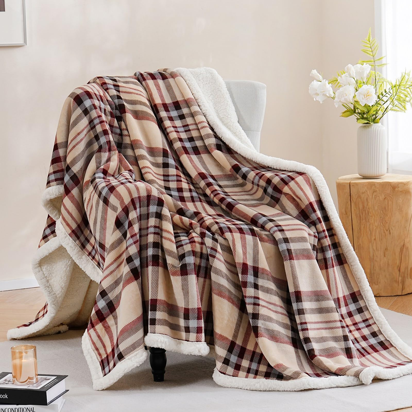 PU MEI Sherpa Fleece Throw Blanket 80 x 90 Reversible Plush Fluffy Large Big Blanket Lattice Flannel Blankets for All Season Use
