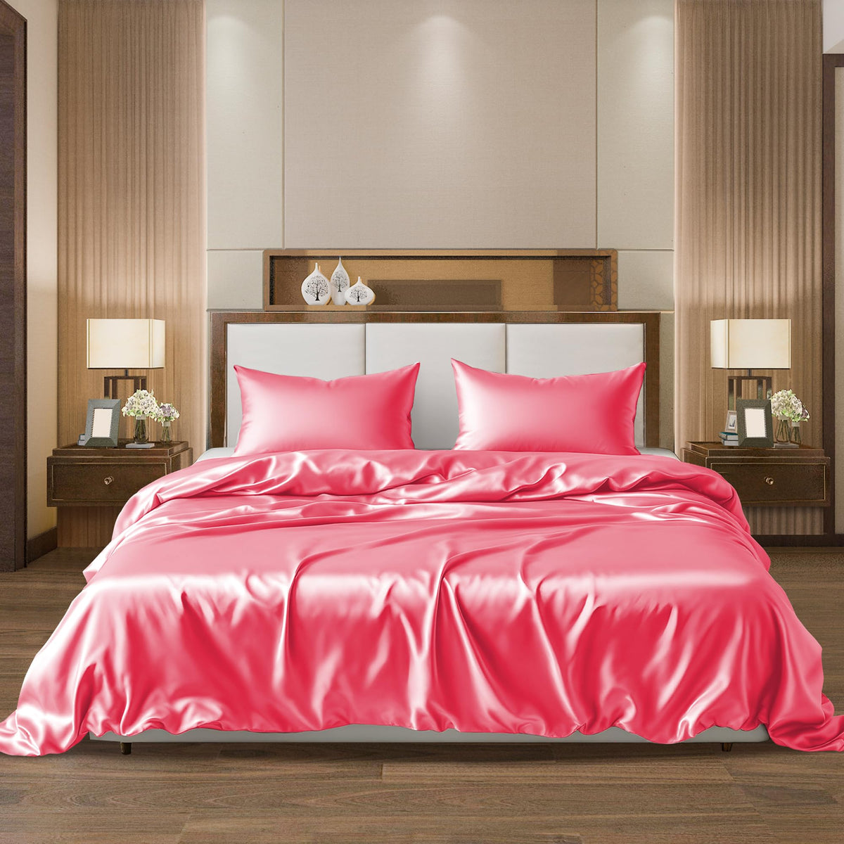 Al Ahmedani Linen Pink Satin Sheets Queen - Luxurious 4-Piece Pink Silk Bed Set Queen - Silky Smooth, Deep-Pocket 1 Fitted Sheet