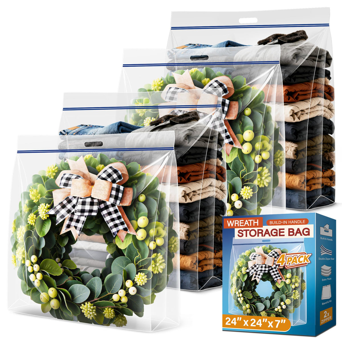 4 Pcs Small Clear Plastic Wreath Storage Bag with Handle, 24x24x7