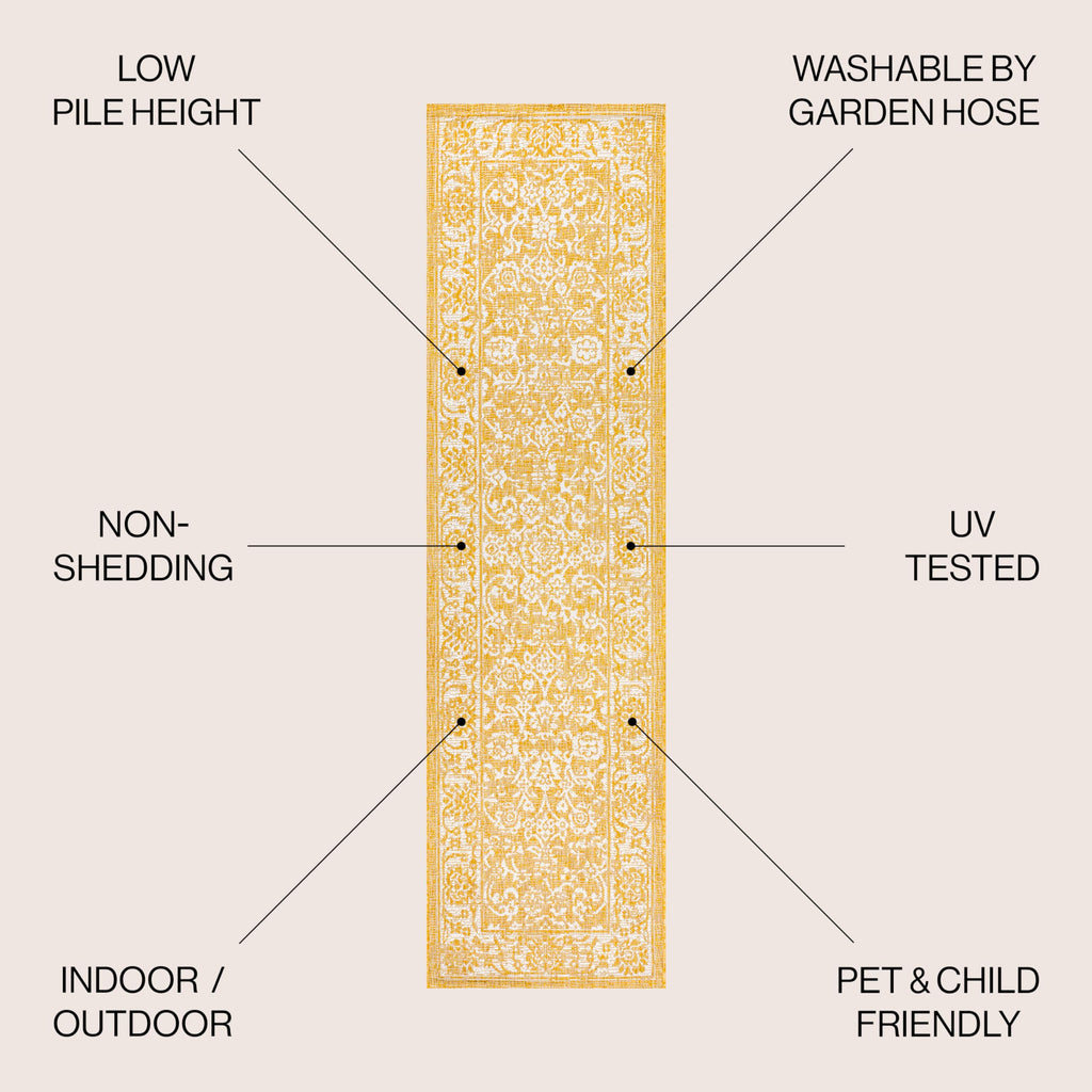 Jonathan Y Smb100E-210 Tela Bohemian Textured Weave Floral Indoor Outdoor Area Rug, Coastal Traditional Transitional Easy Cleaning,Bedroom,Kitchen,Backyard,Patio,Non Shedding 2 X 10, Yellow/Cream