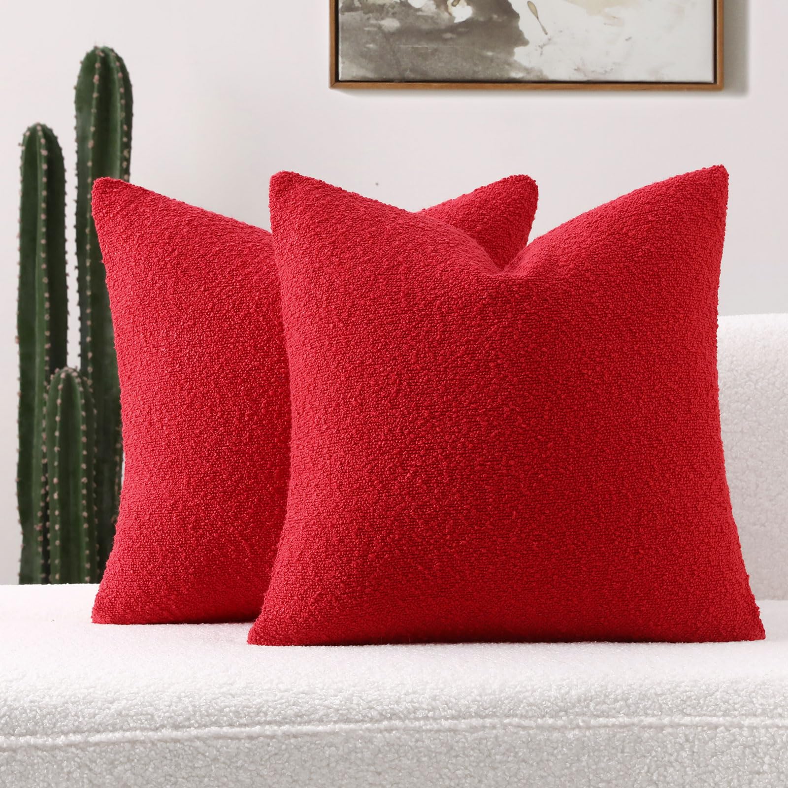 Futei Pack Of 2 Christmas Red Boucle Accent Decorative Throw Pillow Covers,24X24 Inch Soft Solid Textured Euro Pillow Shams,Home