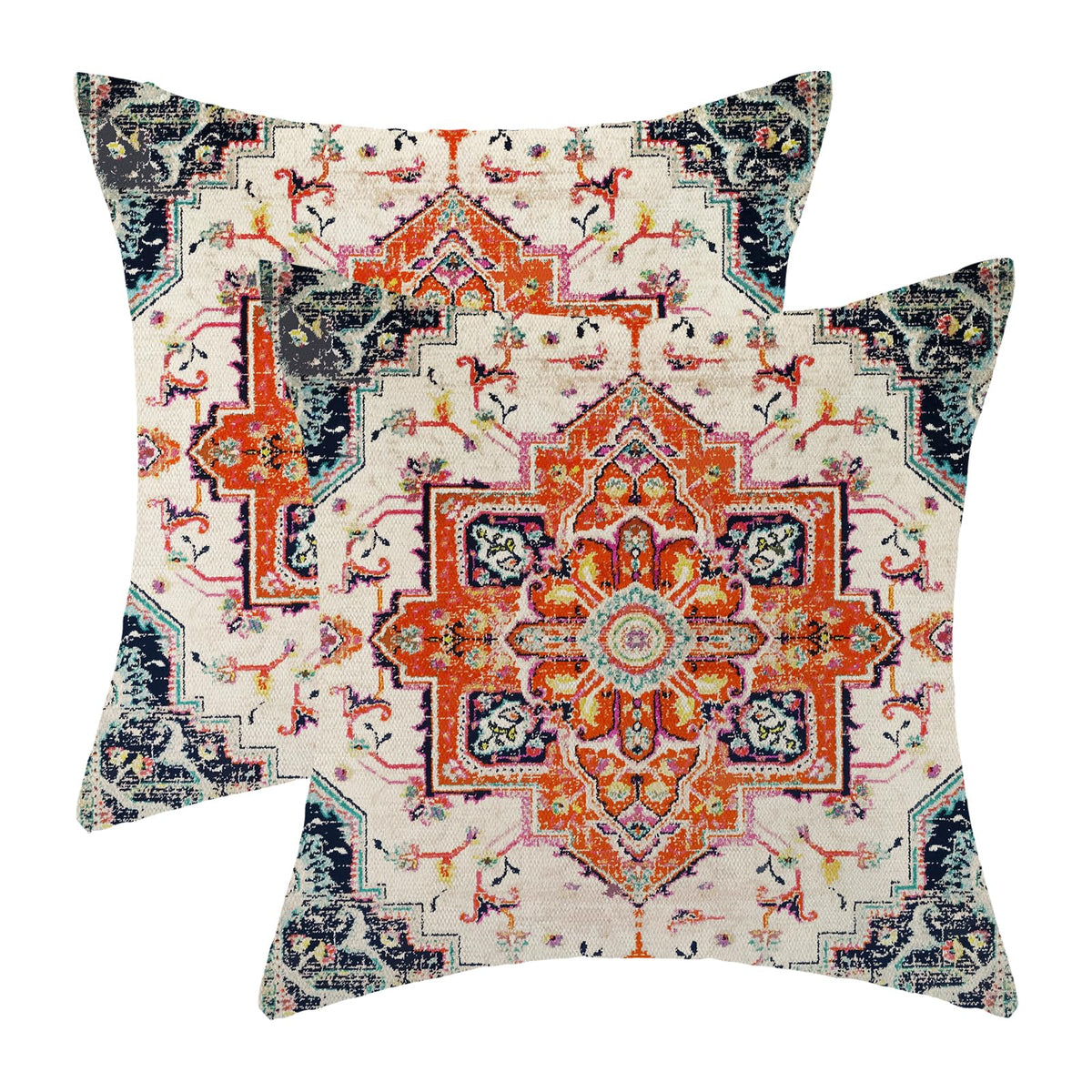Boho Pillow Covers 18X18 Set Of 2, Ethnic Design Boho Decorative Throw Pillows Linen Orange Carpet Pattern Farmhouse Bohemian Cu