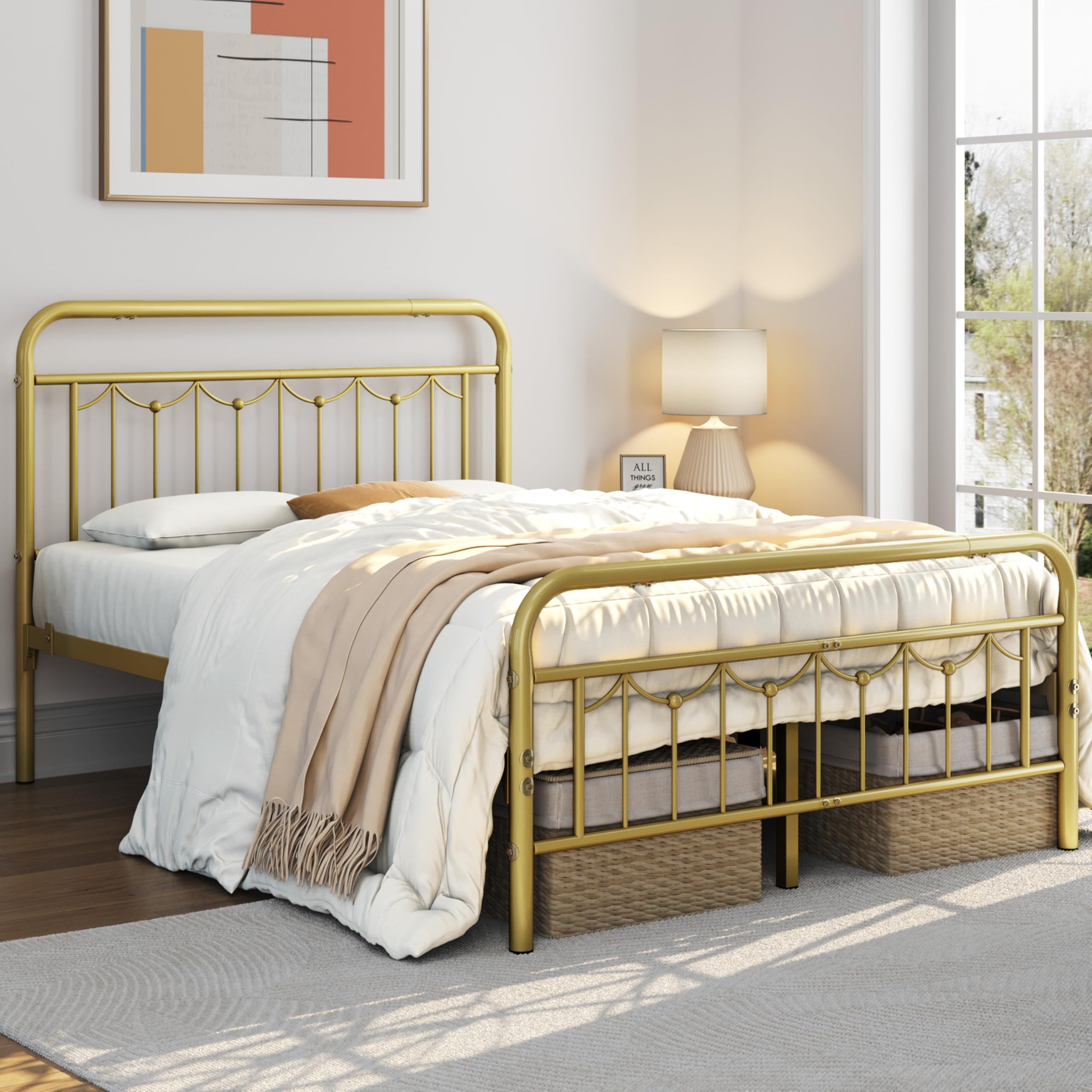 Yaheetech Full Size Metal Bed Frames With Vintage Headboard And Footboard, Farmhouse Metal Platform Bed, Heavy Duty Steel Slat Support, Ample Under-Bed Storage, No Box Spring Needed, Antique Gold