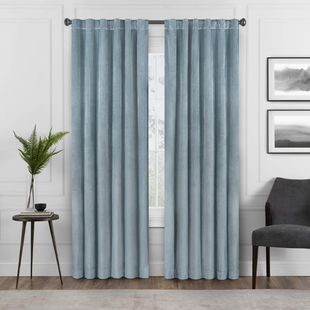Eclipse Harper Velvet Rod Pocket Curtains for Bedroom, Single Panel, 50 in x 63 in, Blue
