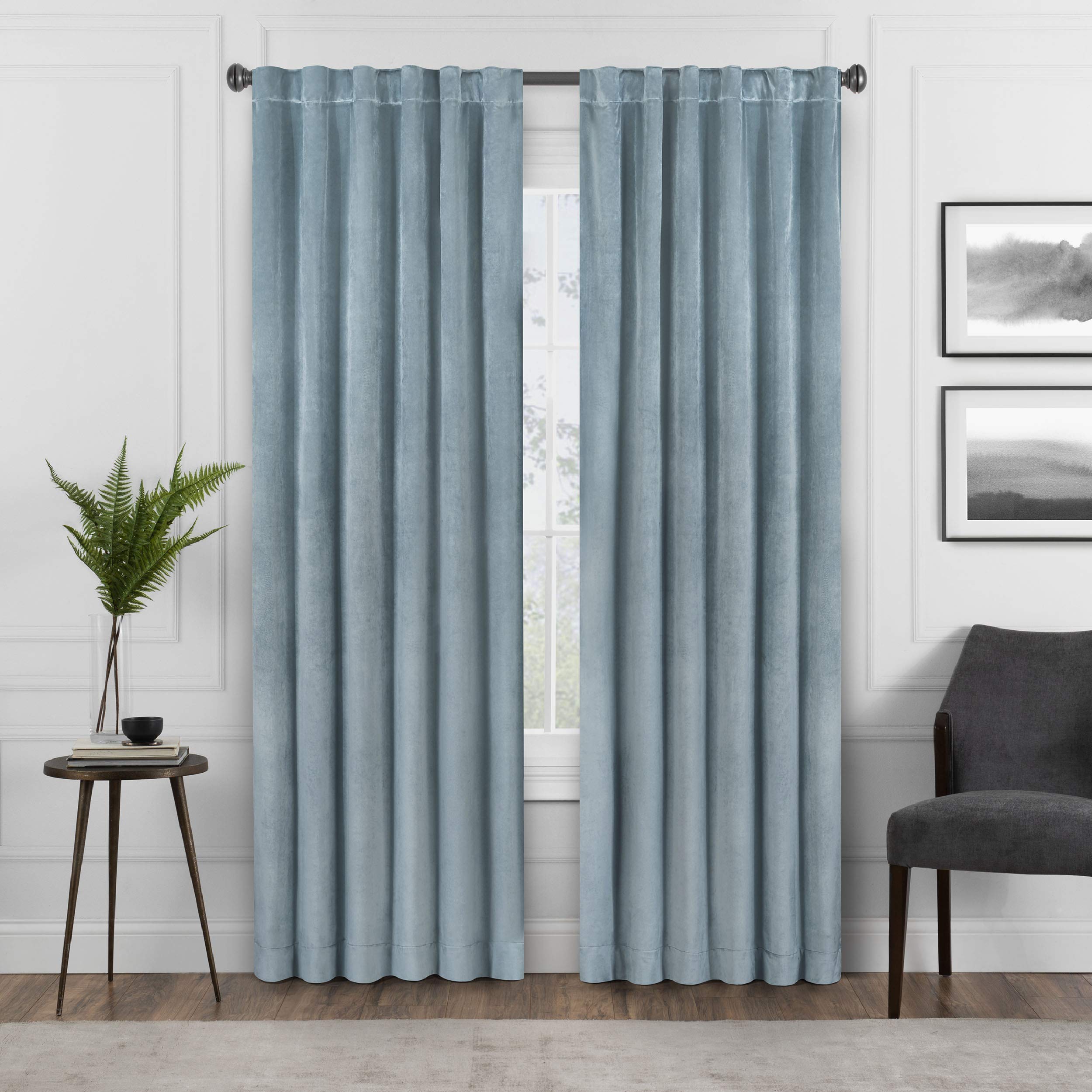 Eclipse Harper Velvet Rod Pocket Curtains for Bedroom, Single Panel, 50 in x 63 in, Blue