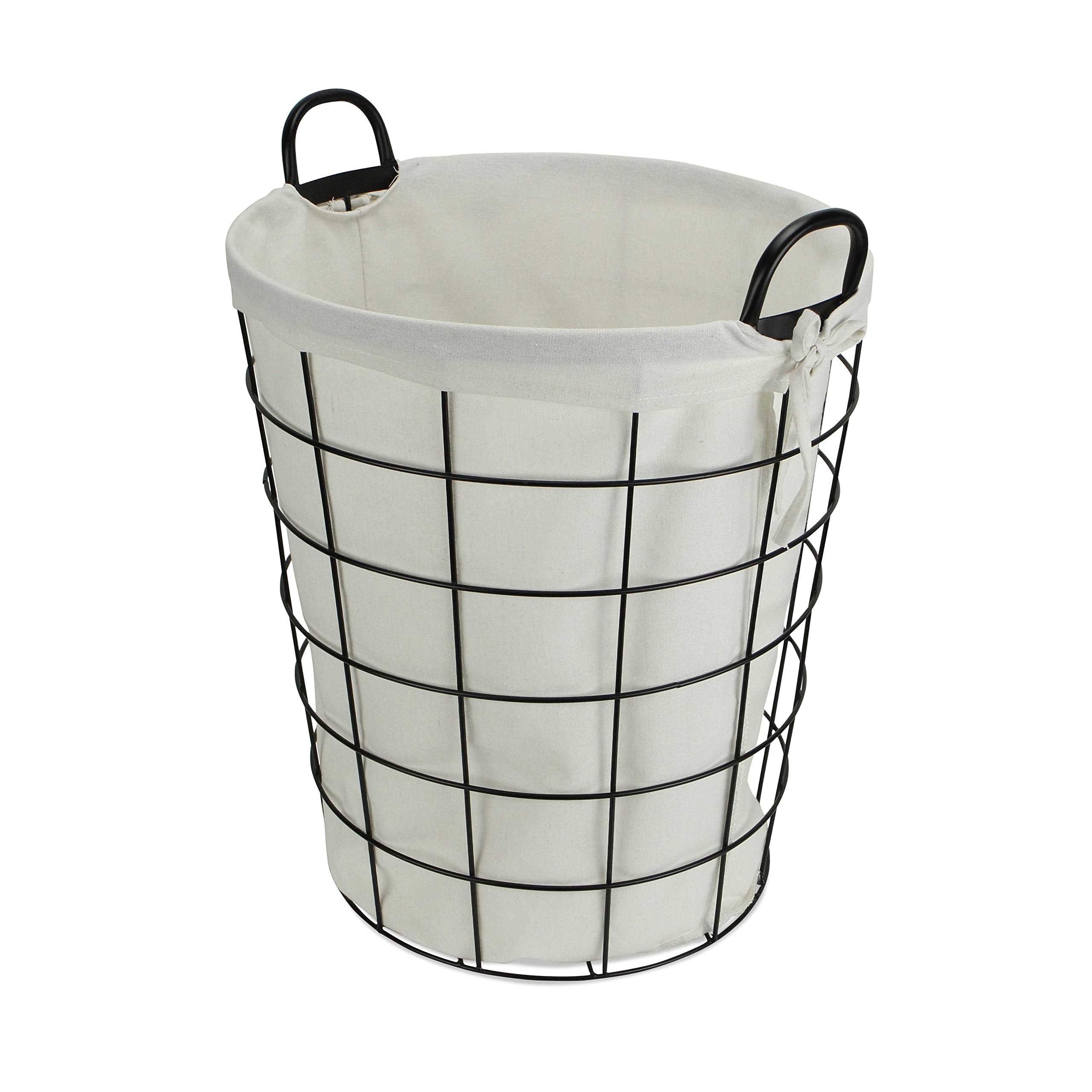 HomeRoots Large White Fabric Lined Metal Laundry Type Basket With Handle