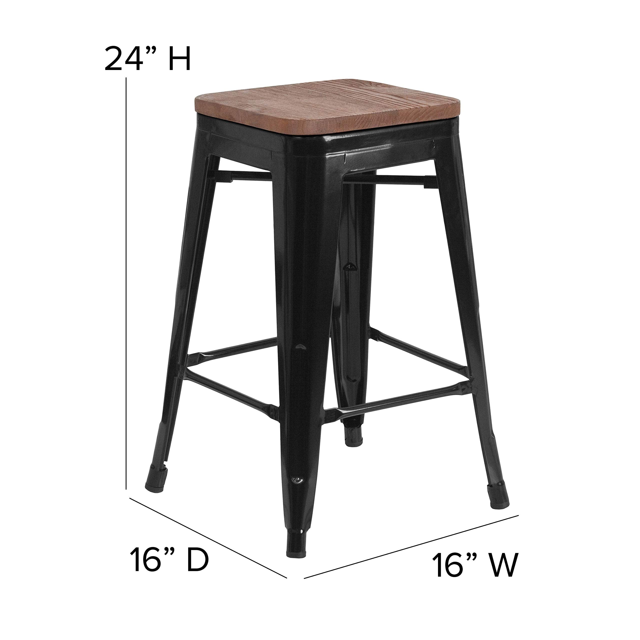 Flash Furniture Lily 24&quot; High Backless Black Metal Counter Height Stool With Square Wood Seat