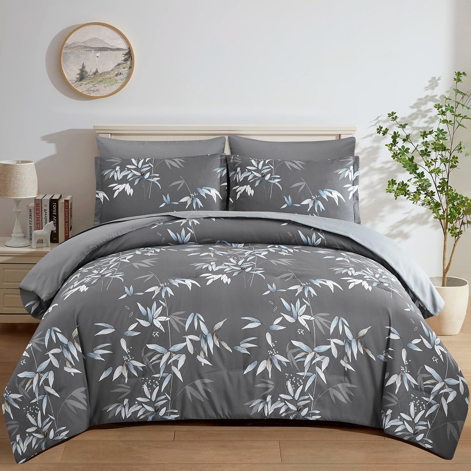 Leaves Gray Comforter Set,7Peice Bed In Bag,Gray Traditional Style Microfiber All Season Bedding Set With Comforter And Sheet Fo