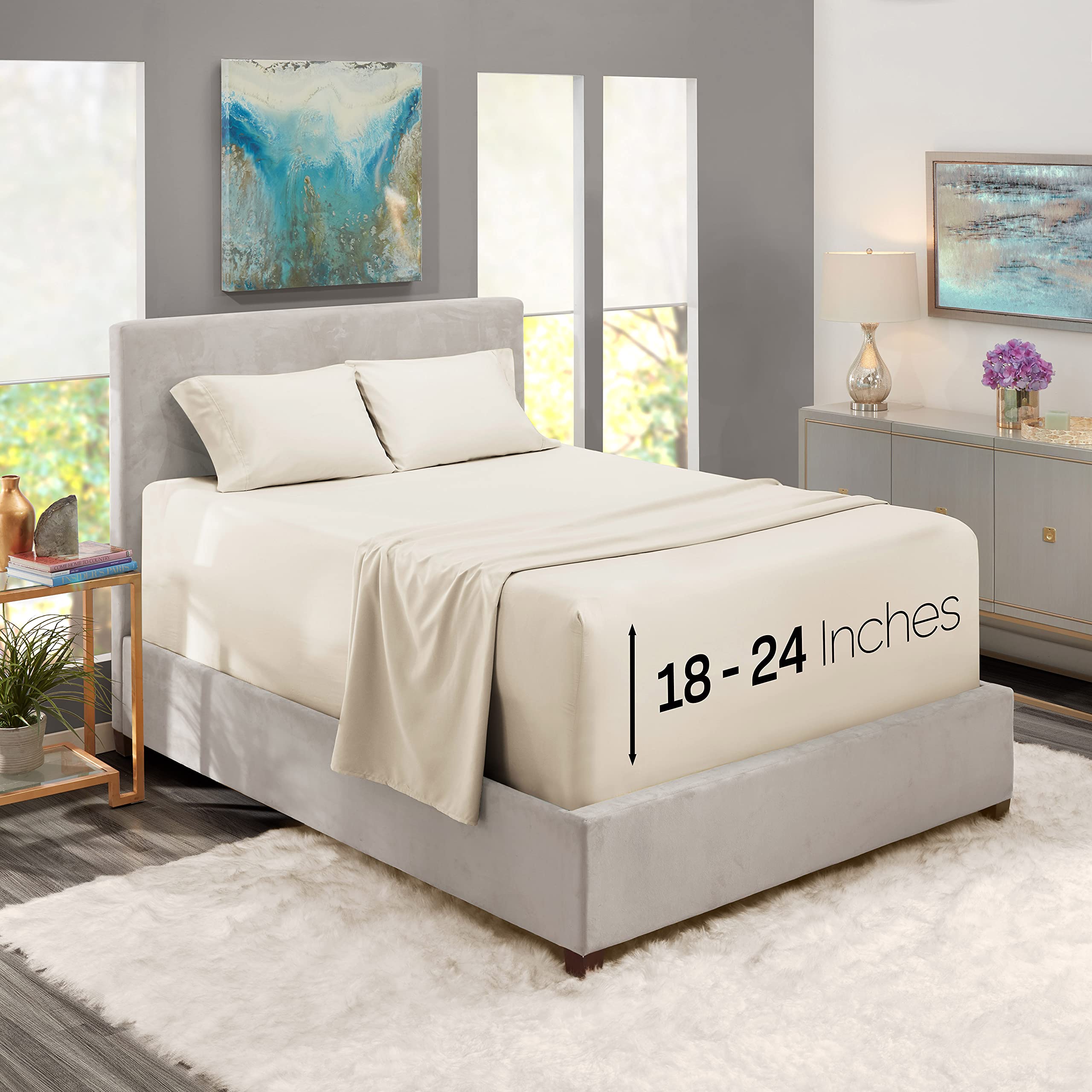 Nestl Extra Deep Pocket Sheets - Fits Mattress 18-24 Inches Deep, Extra Deep Pocket King Size Sheets Sets, 4 Piece King Size Sheets, King Sheets Deep Pocket, Off White Sheets