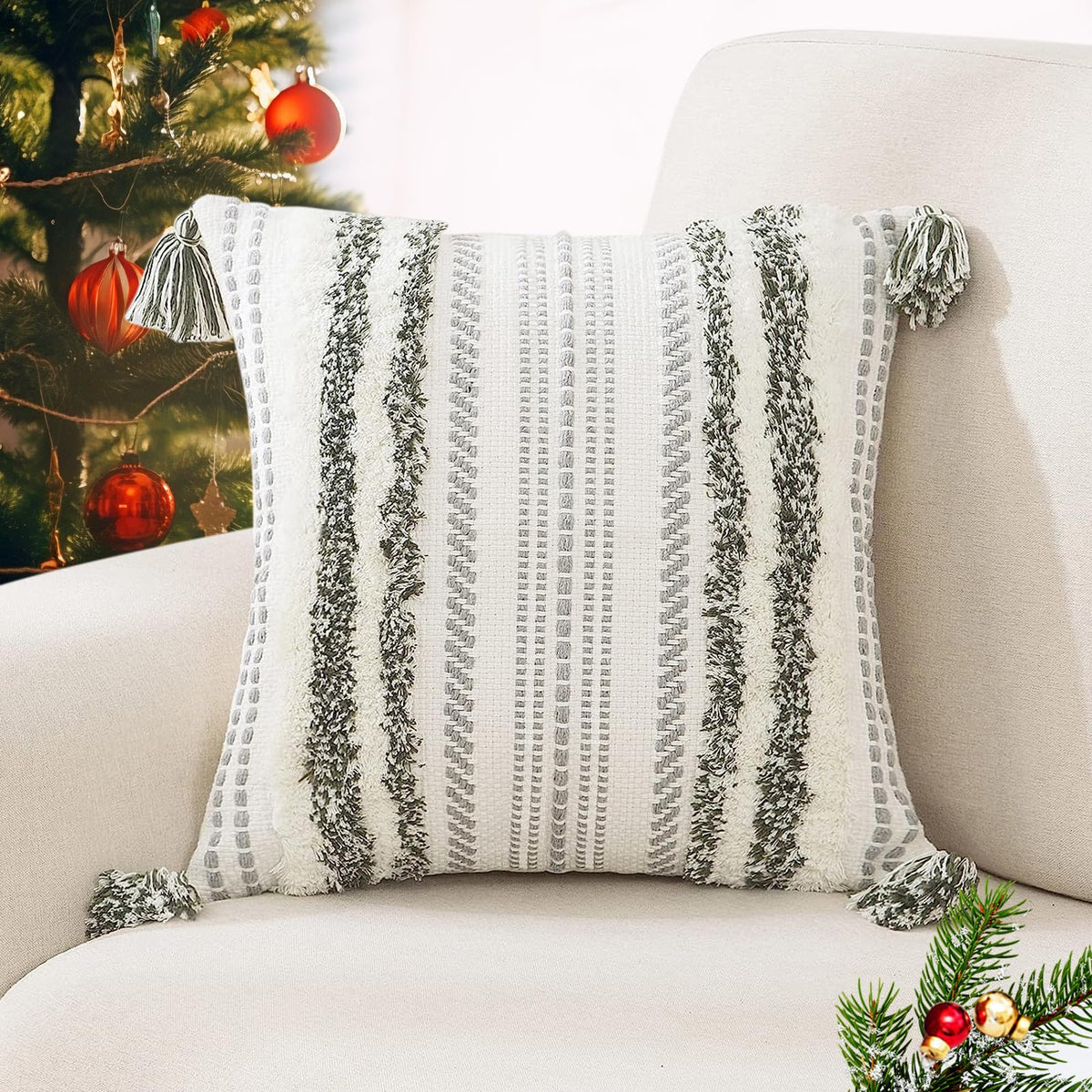 Decoruhome Christmas Decorative Boho Throw Pillow Covers 18X18, Accent Neutral Tufted Pillow Covers For Couch Bed Sofa, Textured