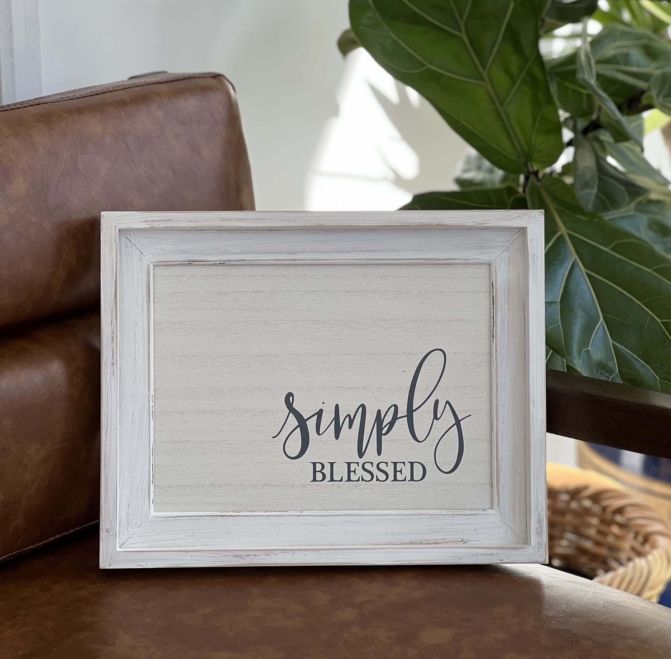 PARISLOFT Simply Blessed Wood Wall Framed Sign White Wood Wall Decor 12x10 inch
