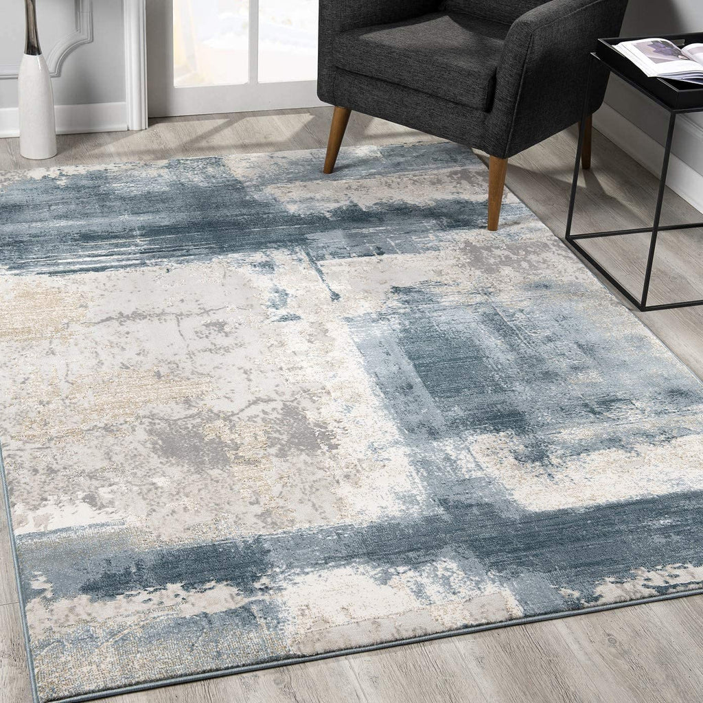 Homeroots Cream Blue 90% Olefin Heatset 10% Cotton 2™ X 10™ Cream And Blue Abstract Patches Runner Rug