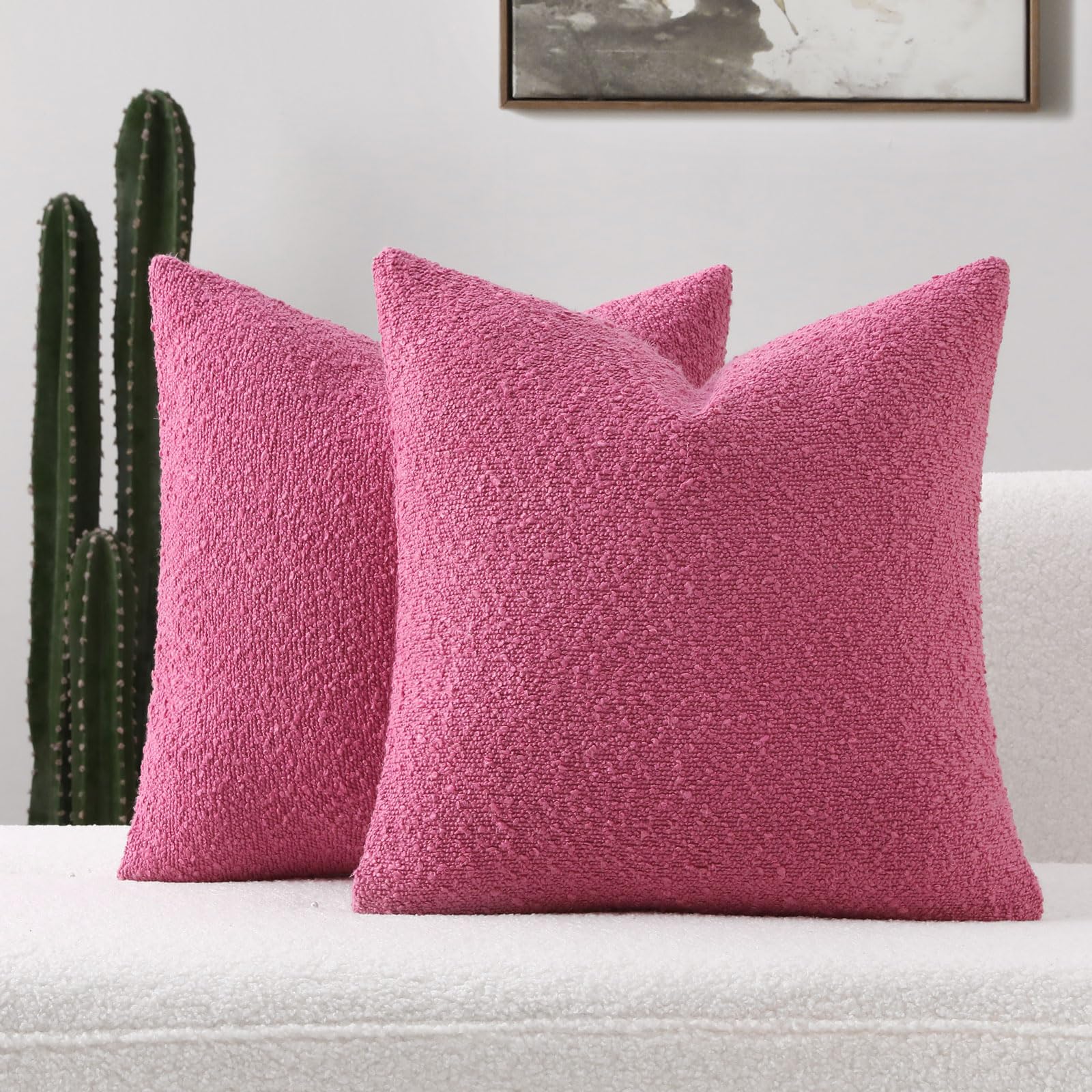Futei Pack Of 2 Hot Pink Boucle Accent Decorative Throw Pillow Covers,24X24 Inch Soft Solid Textured Euro Pillow Shams,Home Deco