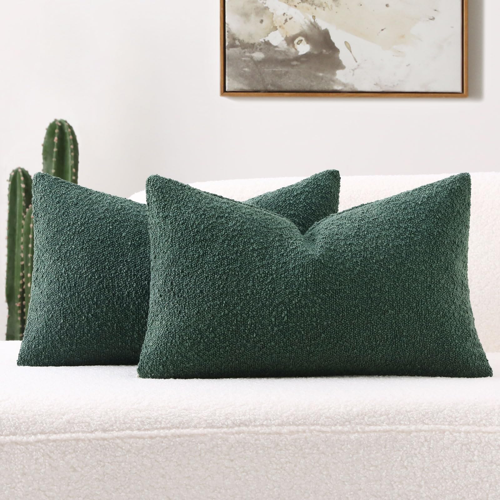 Futei Pack Of 2 Christmas Green Boucle Accent Decorative Throw Pillow Covers,12X20 Inch Soft Solid Textured Lumbar Pillow Cases,