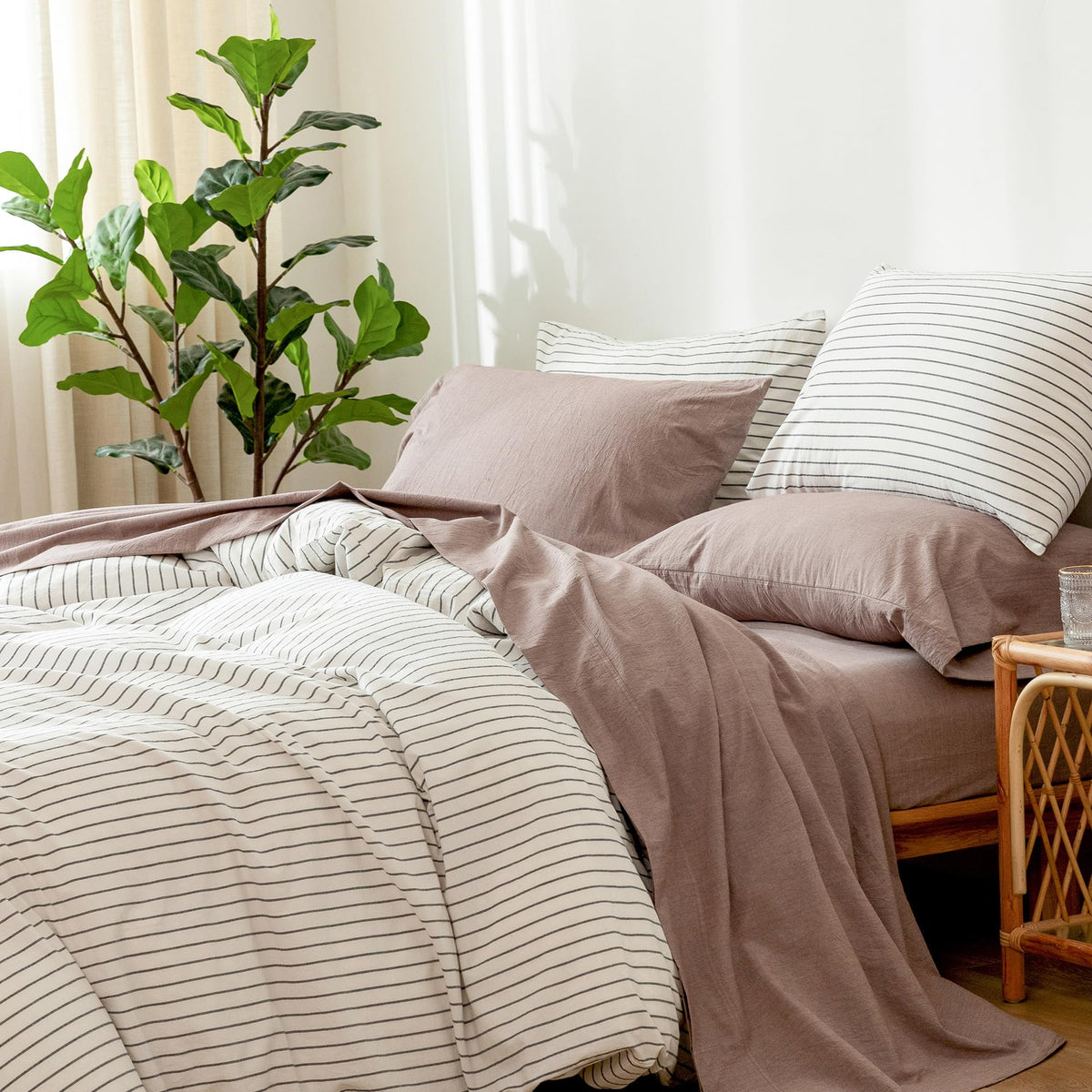 Moomee Bedding Sheet Set 100% Washed Cotton Linen Like Textured Breathable Durable Soft Comfy (Mauve Brown, Full)