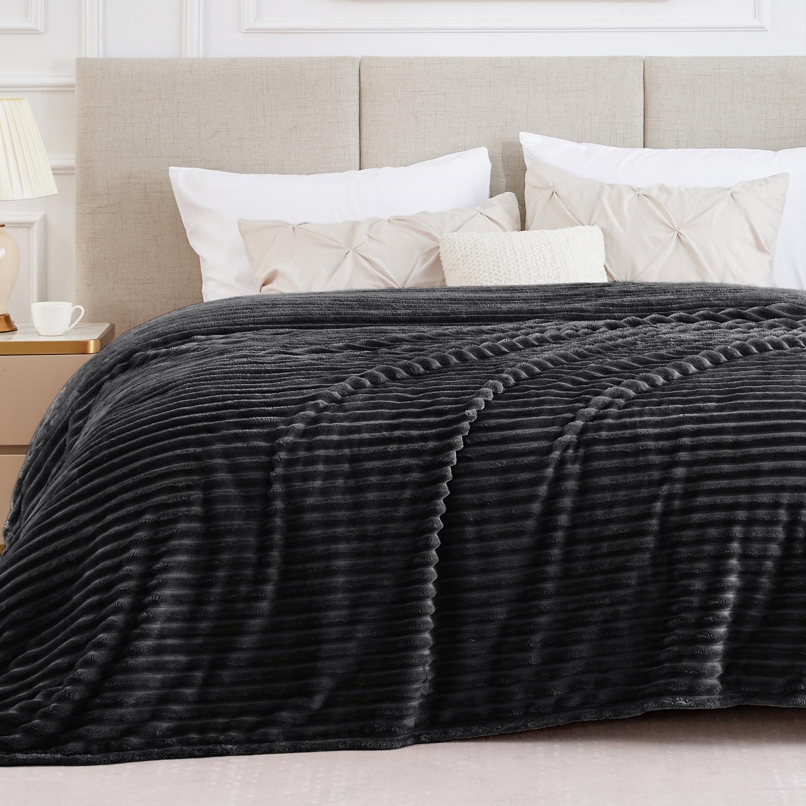 Bedelite Full Size Throw Blanket For Bed - 300Gsm Soft & Warm Fluffy Black Blanket, Decorative And Giftable Striped Blankets For