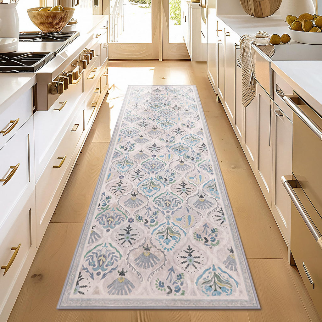 Ashler Runner Rugs 2X6, Floral Hallway Rug, Ultra-Thin Boho Tropical Area Rug, Vintage Long Rugs For Entryway, Kitchen, Foggy Bl