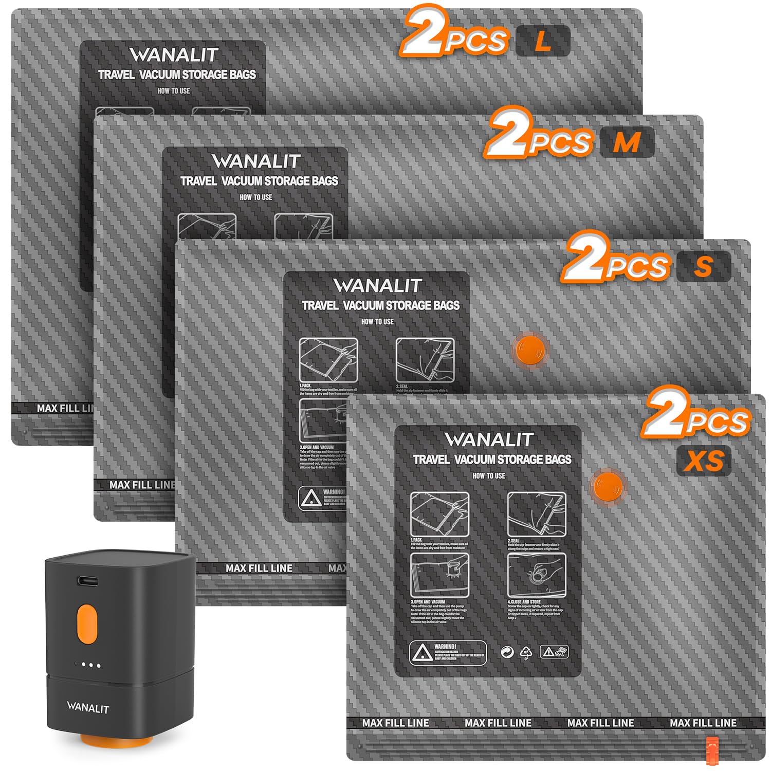 Travel Vacuum Storage Bags with Wireless Rechargeable Electric Pump, 8 Pack Travel Essentials Vacuum Seal Bags for Clothing, Spa