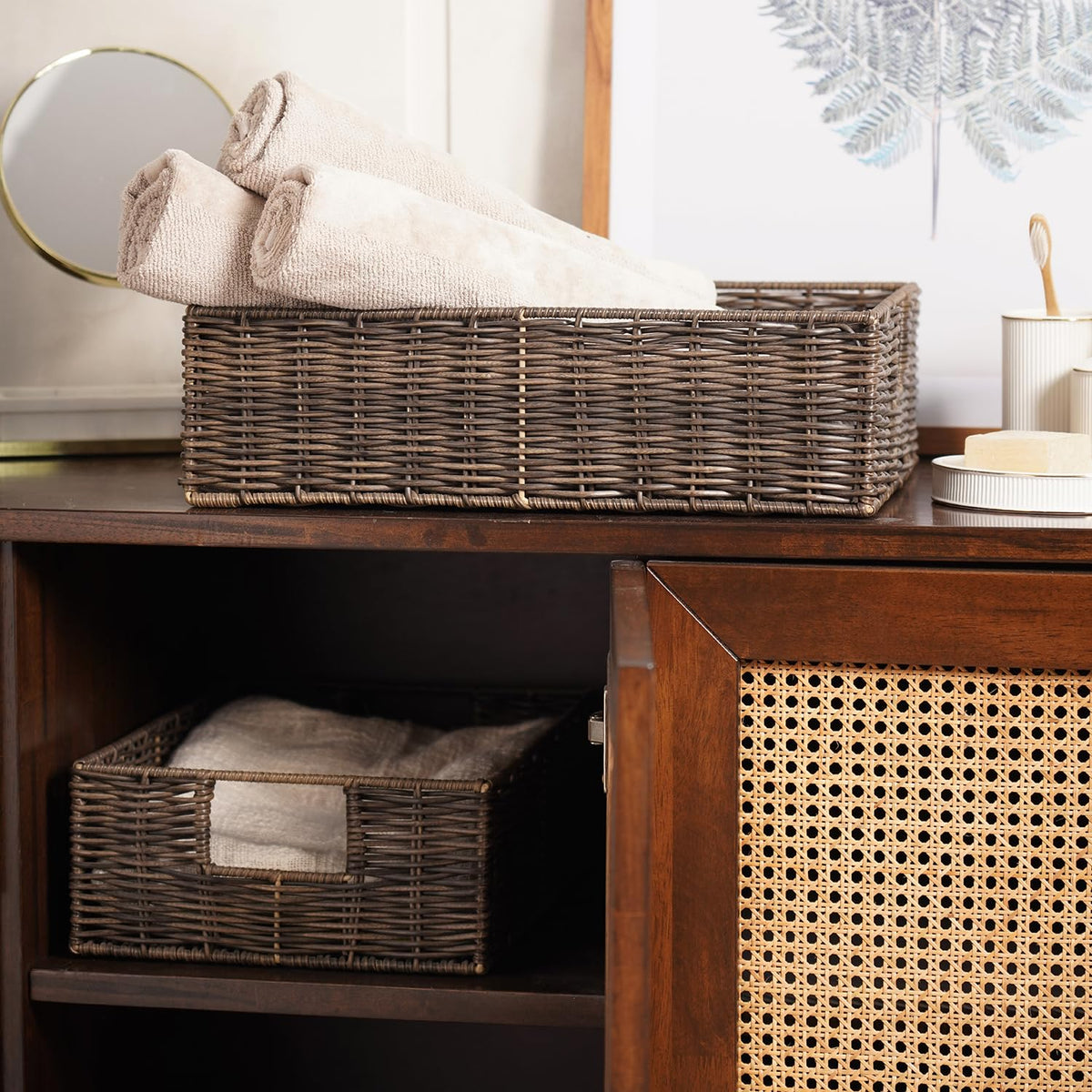 Pure Home + Living Set of 2 Brown Resin Wicker Basket, Laundry Basket with Durable Handle, Dirty Clothes Hamper for Bedroom (Big