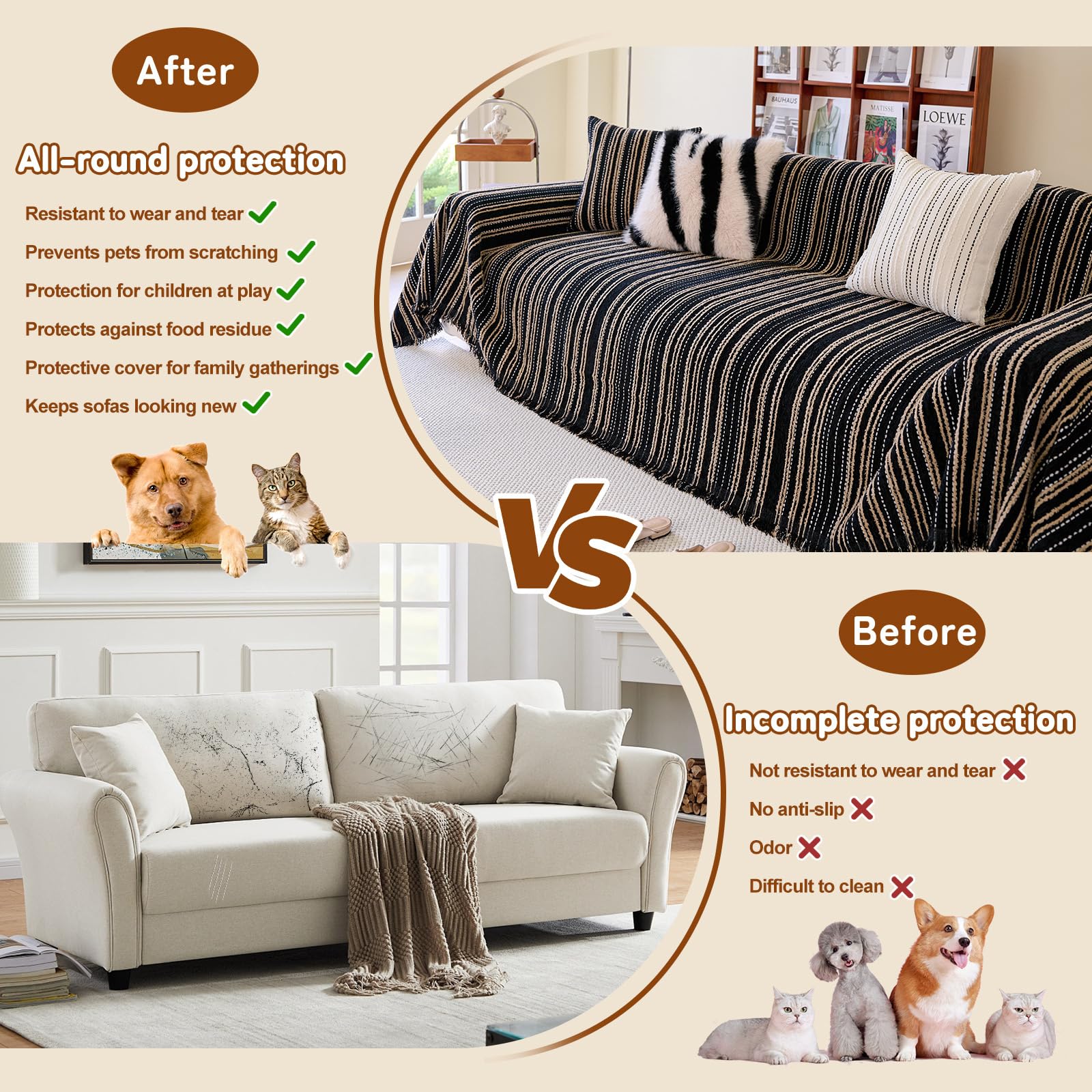 Handontime Couch Covers For Sofa Black Sofa Cover For 3 Cushion Sofa With Tassel Khaki Jacquard Striped Chenille Sofa Covers Was