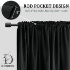 Donren 48 Inch Length Short Curtains For Kitchen - Small Window Treatment Rod Pocket Blackout Curtain Drapes (1 Pair,Black,52 Inches Wide By 48 Inches Long)